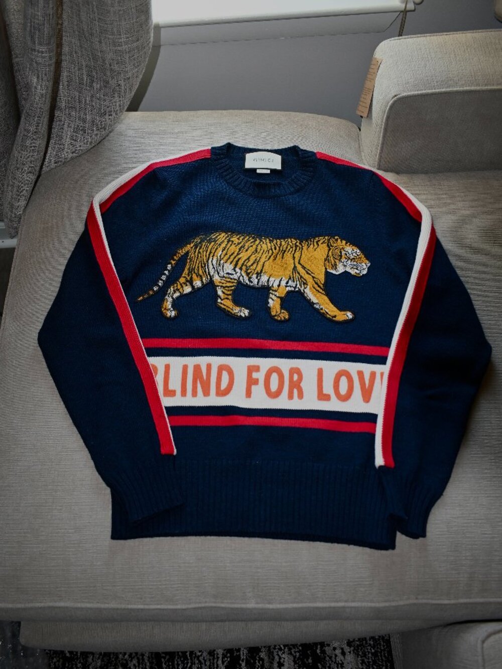 GUCCI Navy Blue “BLIND FOR LOVE” Tiger Sweater (IT XS US S/M)